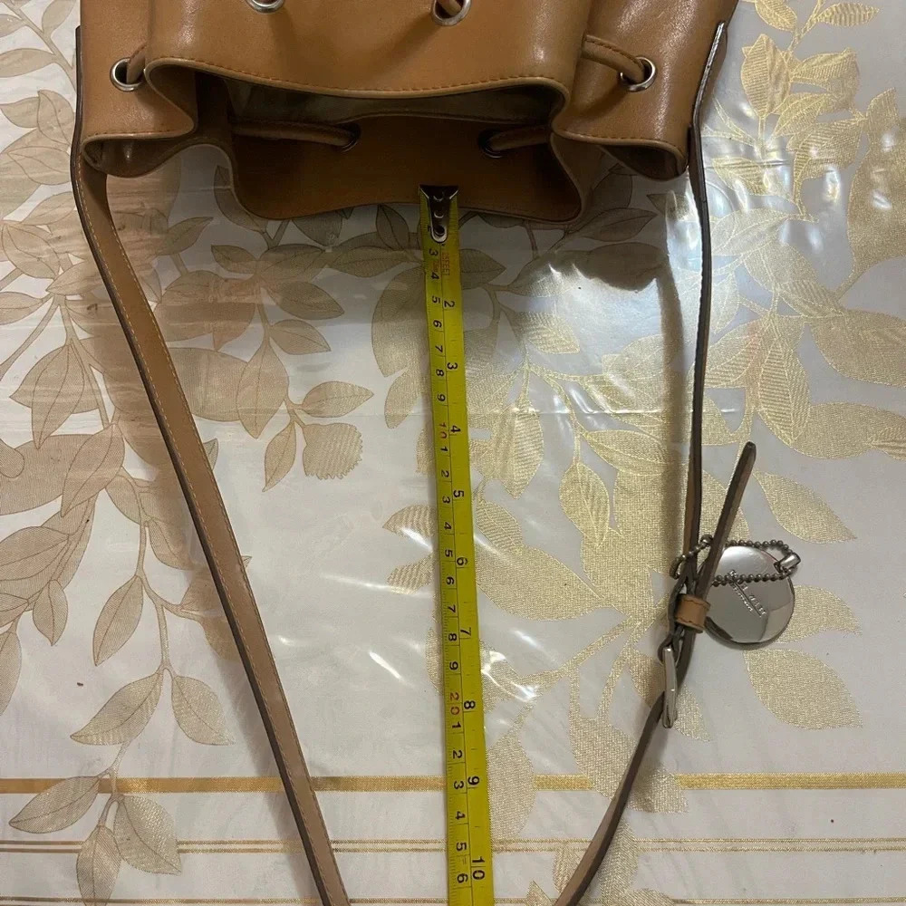 Tan Leather Drawstring Bucket Bag - Women's Shoulder Purse - Picture 10 of 10